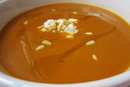 Roasted Red Pepper Soup with Feta & Pignolia Nuts
